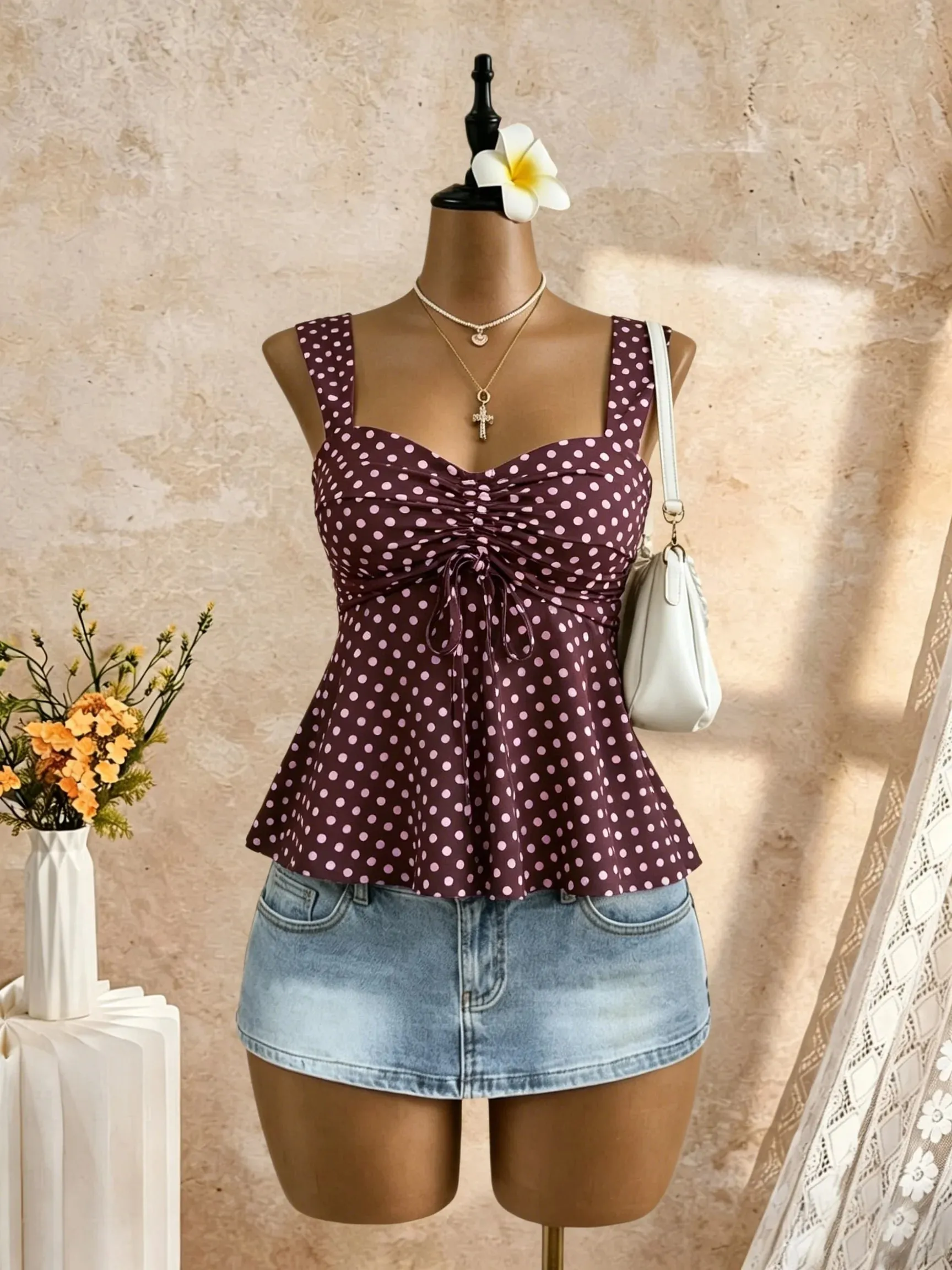 Women Sweetheart Neck Drawstring Ruched Peplum Cami Top Polka Dot Print Sleeveless Casual Camisole Outfit — image 9