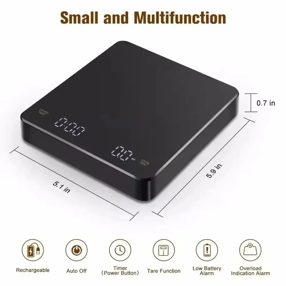USB Rechargeable Digital Espresso Scale with Timer LED Screen 3kg 0.1g Precision Kitchen Scale Support g oz ml Unit Conversion