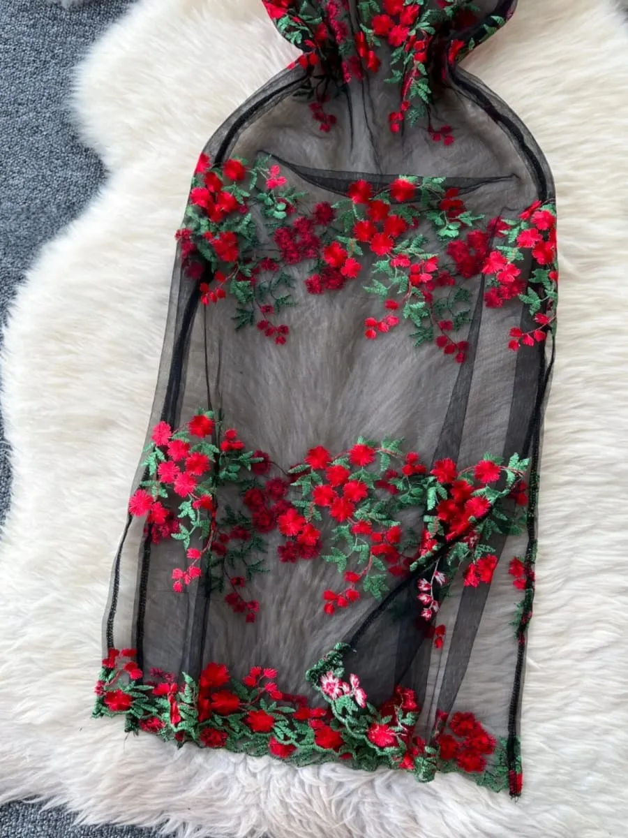Woman Embroidery Floral Mesh Fashion Sexy Dress Chinese Style Short Sleeve Split Hollow Out Cheongsam New Gauze Sheer Dress — image 4