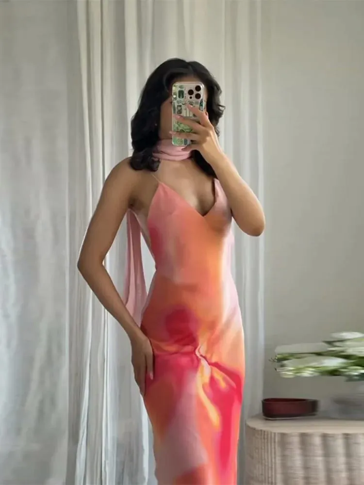 Elegant Tie-dye Gradient Print Sling Lang Kjole Med Halstørklæde Kvinder Ferie Ærmeløs Rygløs Aftenkjole Sommerferie Kåber