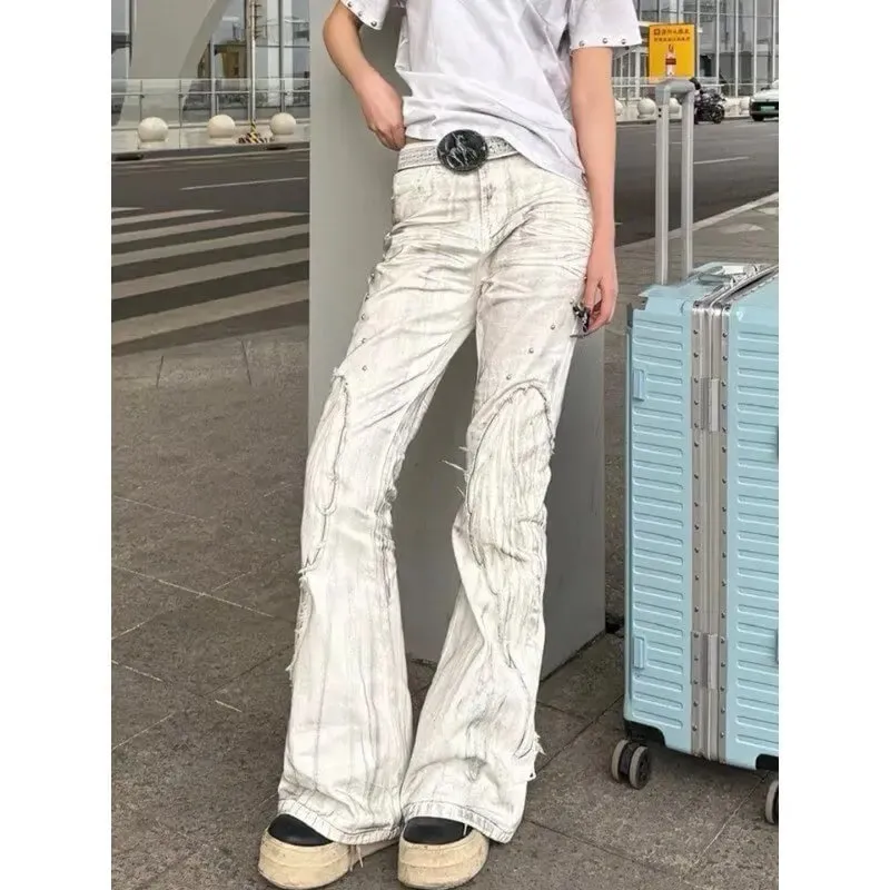 Women American Retro Y2K Flare Jeans White Washed Patchwork Y2K Vintage Hrajuku Punk High Waist Slim Streetwear Denim Pants