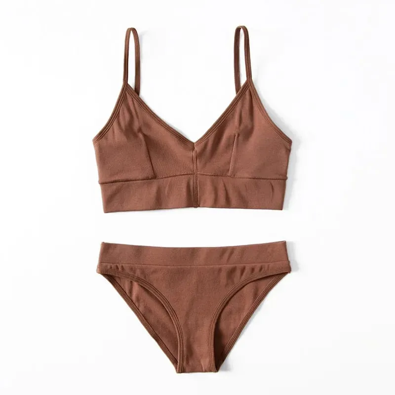 Women's Ribbed Wireless Bralette Set Solid Color Thin Strap Camisole Bra and Triangle Briefs Lingerie