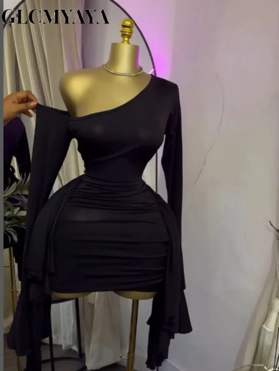 Women Drop Shoulder Flare Sleeve Ruffles Side Bodycon Midi Mini Dress 2026 Birthday Holiday Trendy Dresses Vestidos — image 4