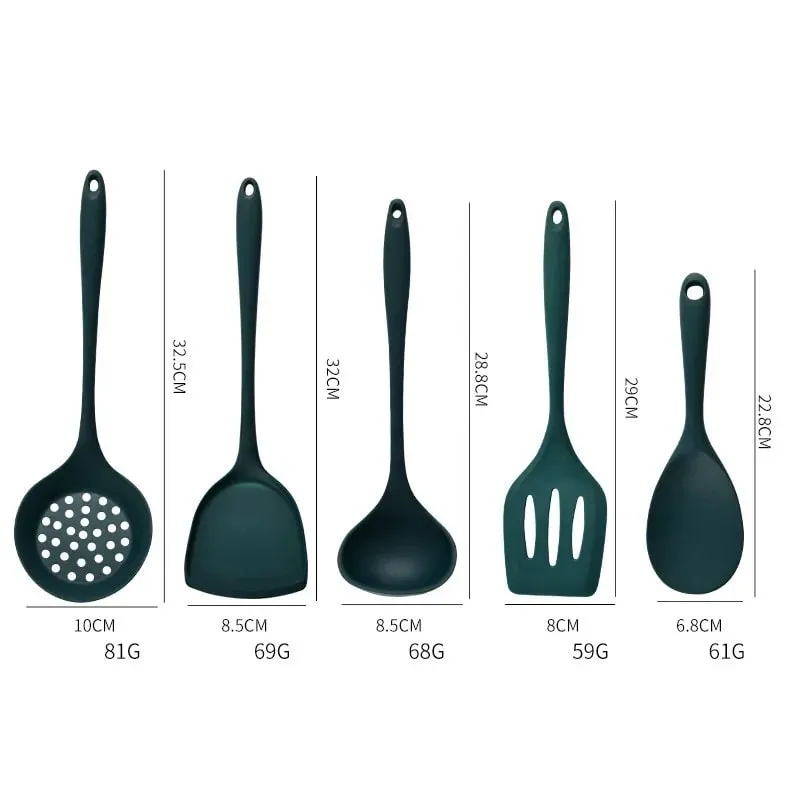 5Pcs Food Grade Silicone Kitchen Utensils Set Heat Resistant Non-Stick Spatula Ladle Slotted Spoon Cooking Tools Green