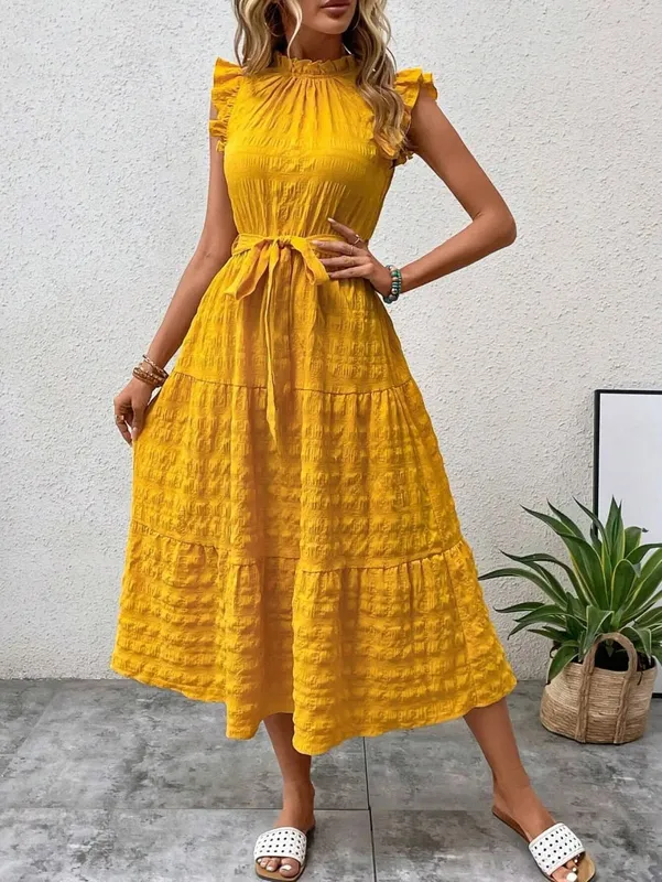 2026 Summer Fashion Flutter Sleeve Women Stand Collar Ruffles Solid Color Elegant Loose Long Dress Lace-up Texture Party Dresses