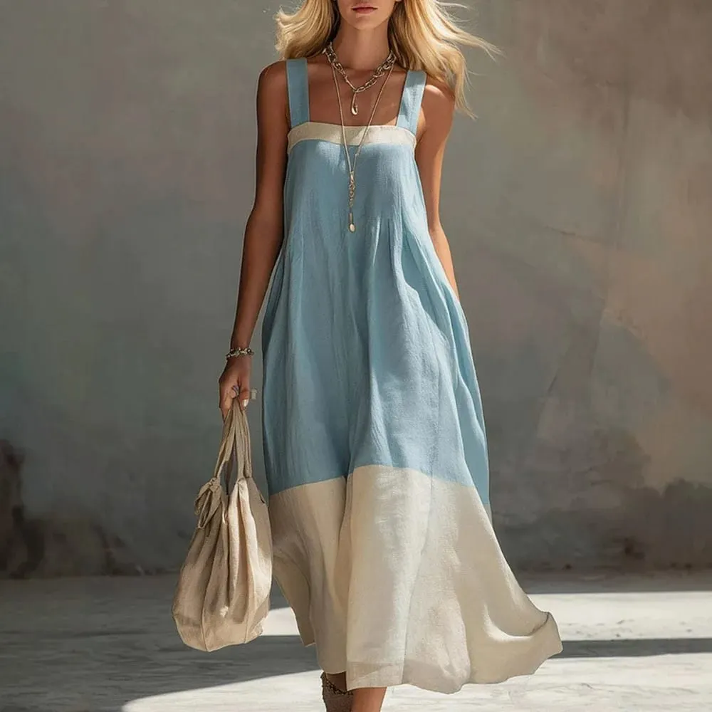 Women Color Block Sleeveless Maxi Dress Spaghetti Strap Loose Flowy Tiered Casual Sundress for Beach Vacation and Resort Wear — image 1