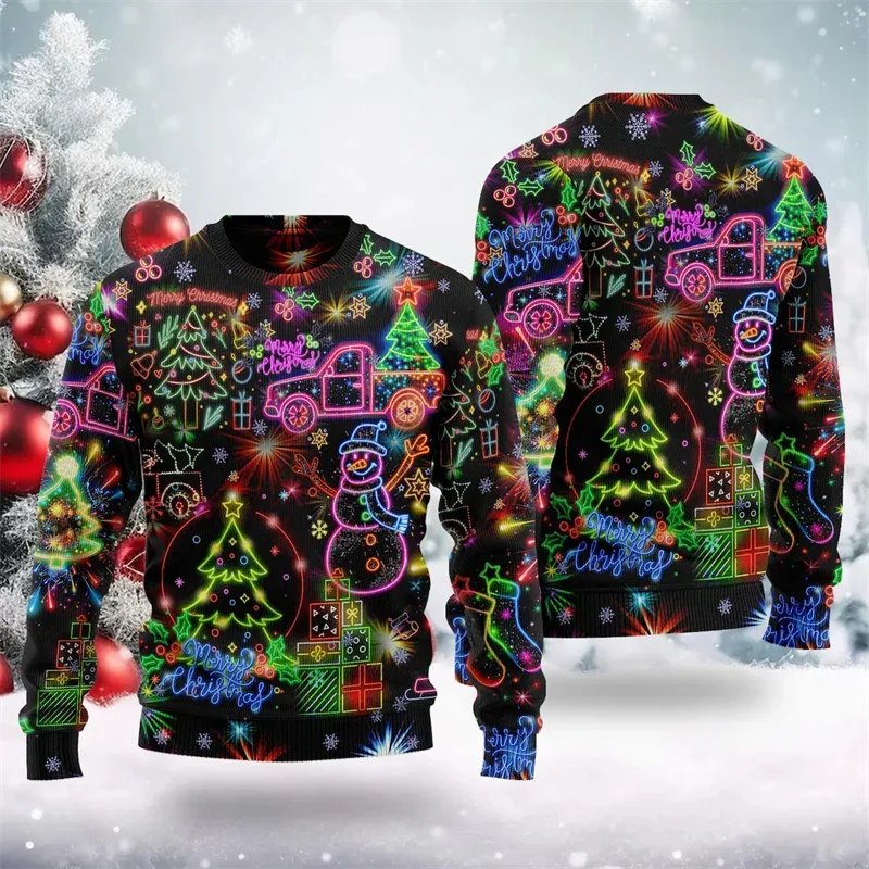 2025 Hot Christmas Ugly Sweater Men Women 3D Print Neon Pattern Santa Pullover Sweatshirt Unique Xmas Clothes Party Sweatshirt — image 5