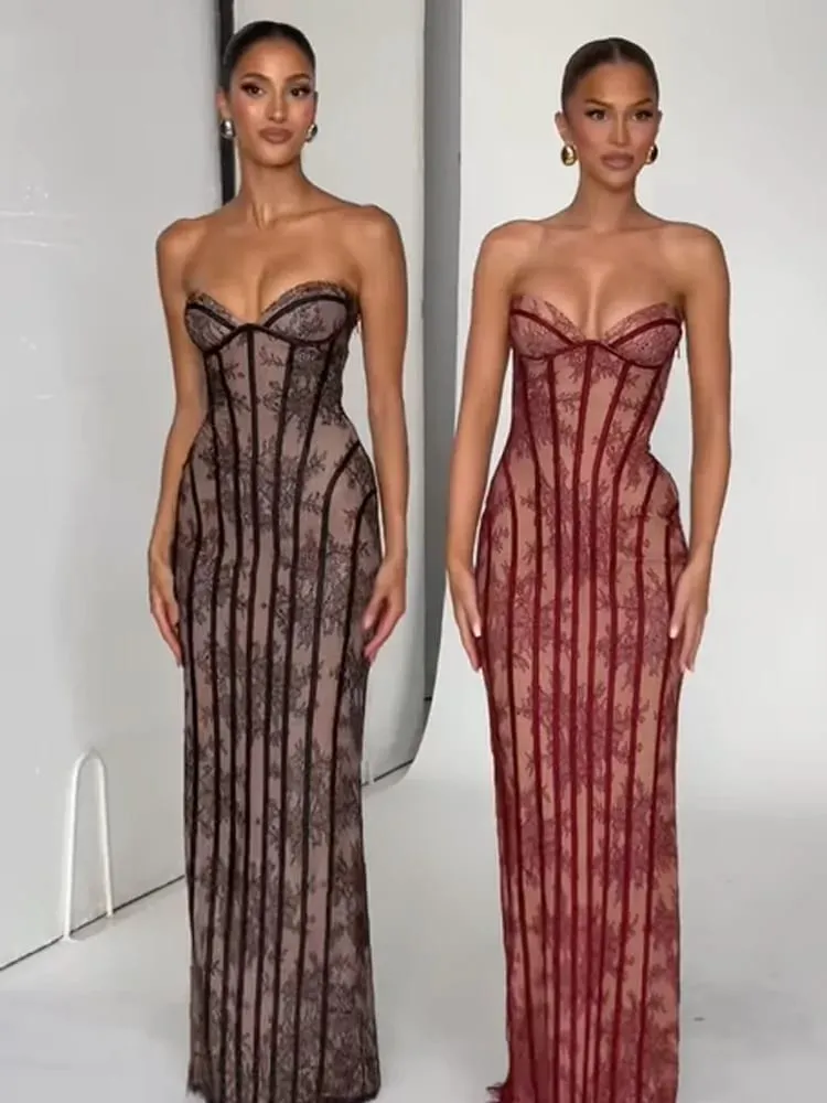 Women Gauze Fishbone Strapless Dress Chic Backless Off-shoulder Waist Cinching Slim Maxi Vestidos 2026 Lady Evening Party Gowns — image 2