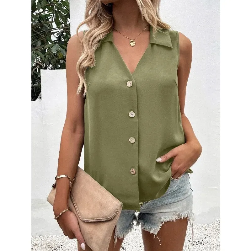 Women's V-Neck Button Chiffon Blouse Summer Lightweight Loose Casual Sleeveless Top Office Lady Solid Color Basic Vest — image 3