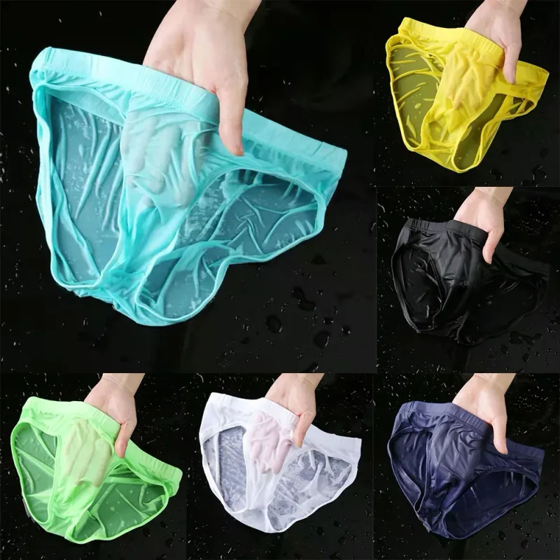 Cuecas masculinas sexy transparente de seda gelo, roupa íntima de secagem rápida em u convexa, cueca respirável de cintura baixa, resfriamento de verão — image 2
