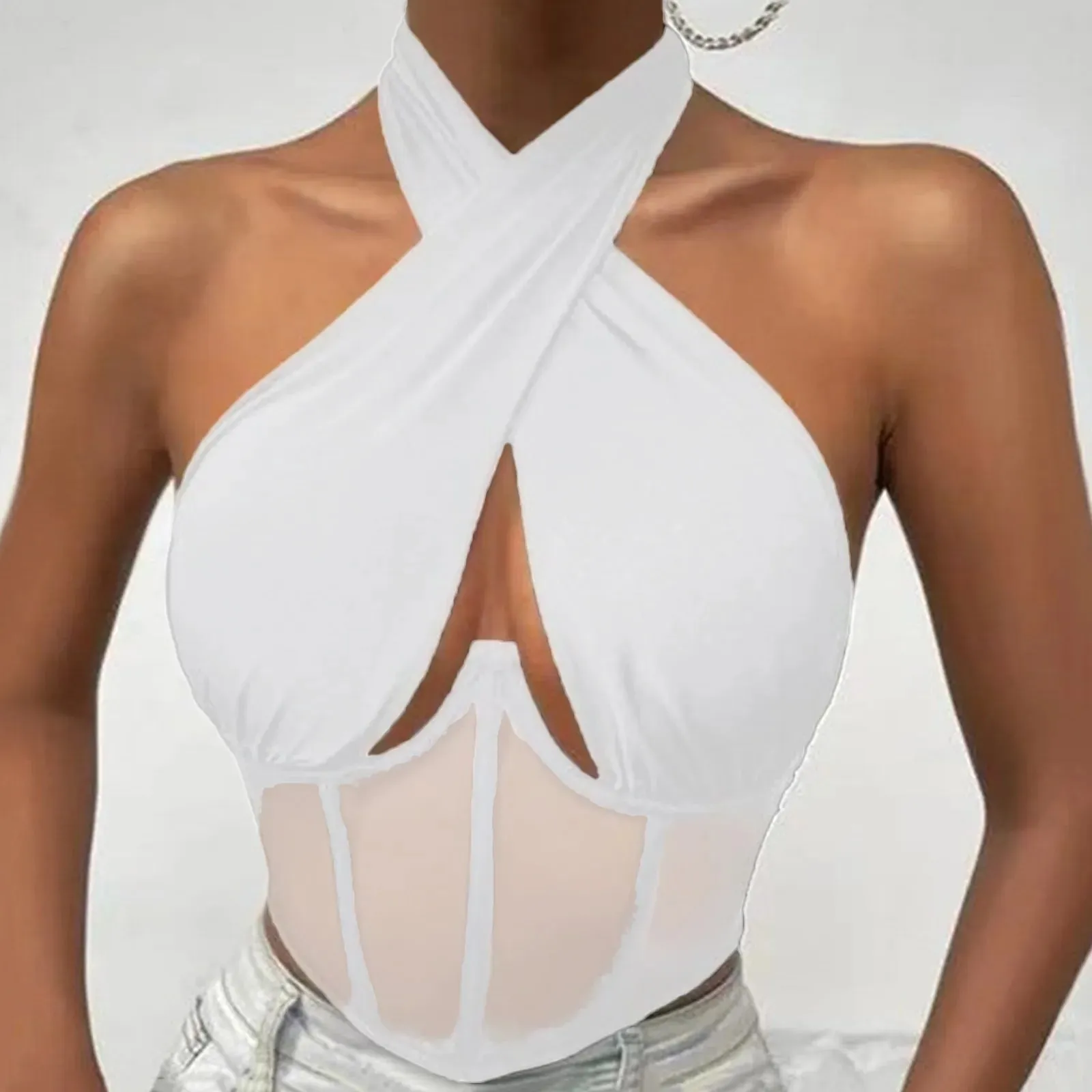 Women Sleeveless Fishbone Corset Vest Solid Hollow Out Cropped Top Summer Halter Backless Sexy Tops Y2k Camis Ropa De Mujer