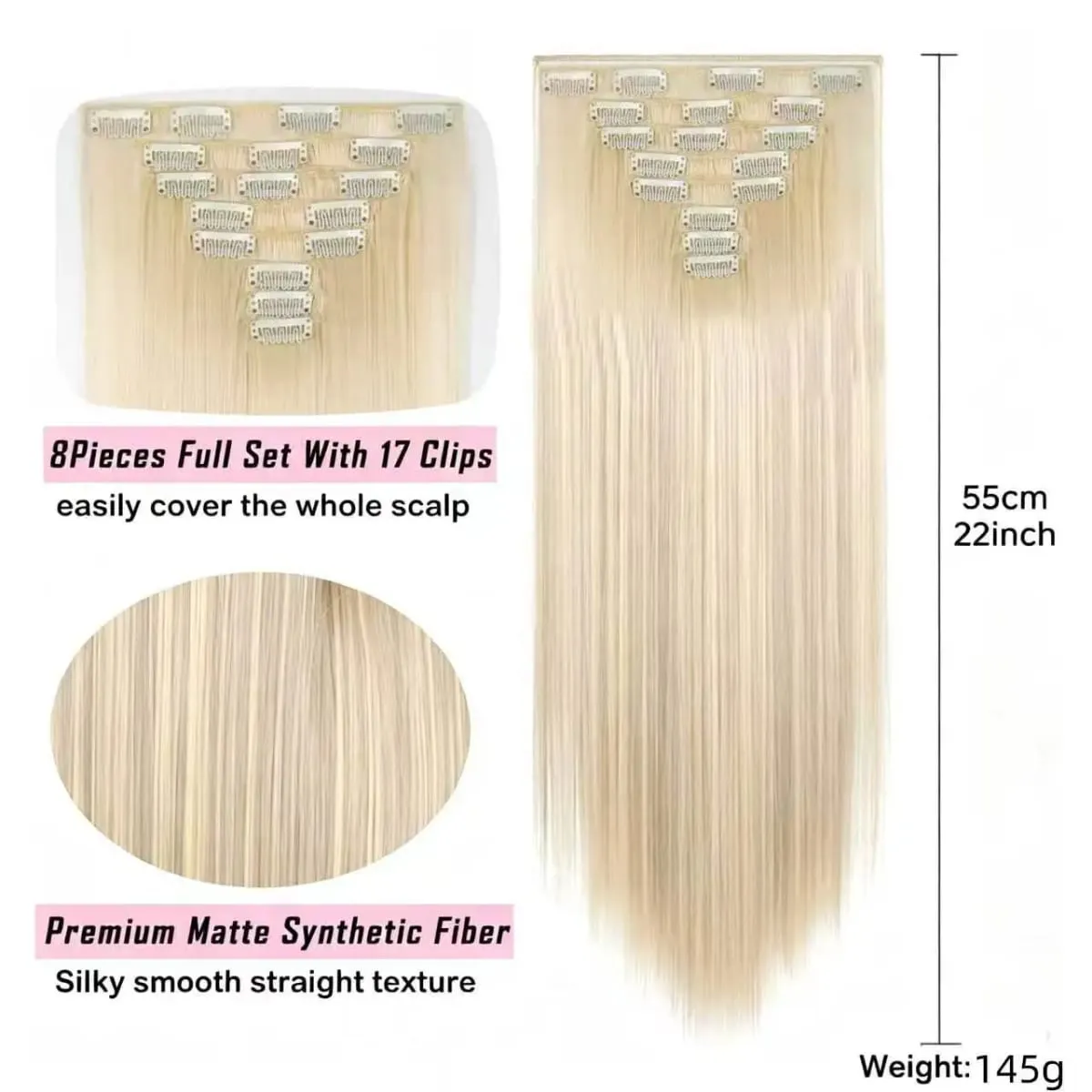 22Inch Long Straight Wavy Hair Extension 8Pcs/Set 17 Clips High Tempreture Synthetic Hairpiece Clip In Hair Extensions Cosplay