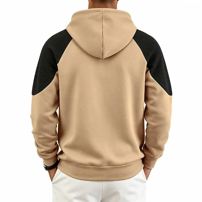 Autumn Winter Men Color Block Raglan Hoodie Textured Chest Panel Drawstring Kangaroo Pocket Loose Casual Streetwear Sweatshirt