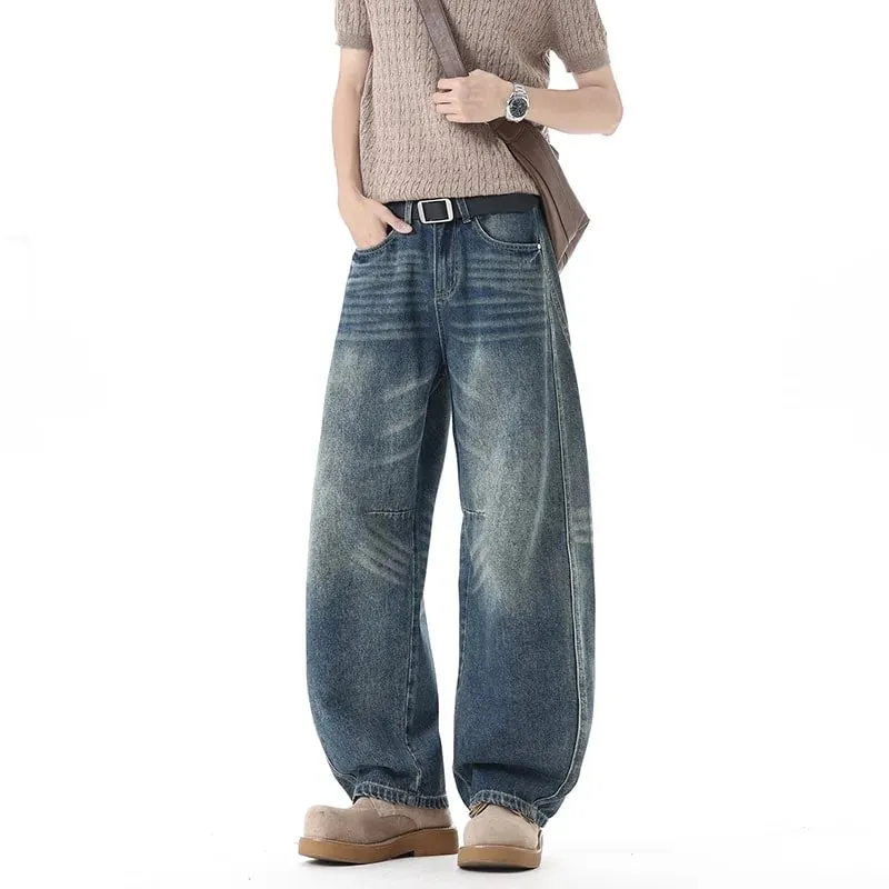 Men 2026 New American Curved Cut Jeans Fall Winter High Street Washed Whiskering Wide Leg Vintage Loose Denim Trousers — image 2