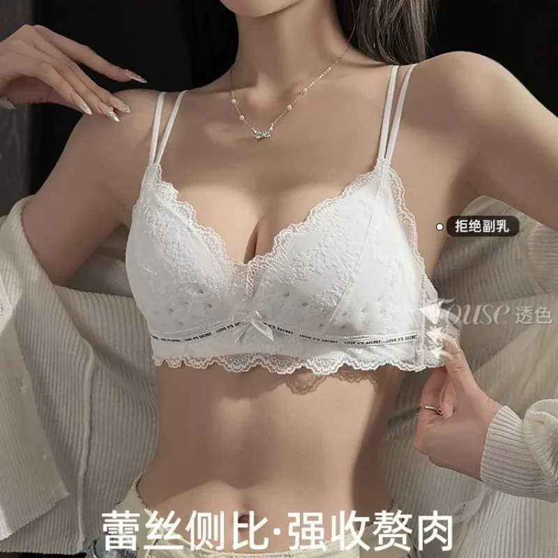 Women's lingerie set for small busts autumn and winter thin style minimizes large busts no underwire supports side breasts