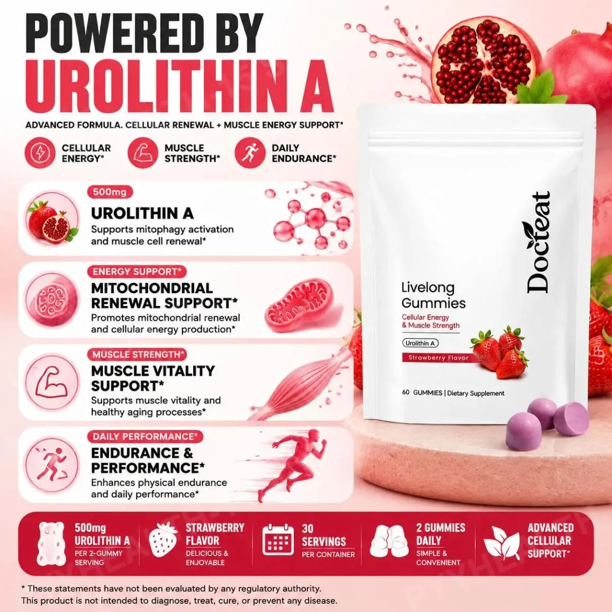 Docteat Urolithin A Gummies 500mg setiap Hidangan Perisa Strawberi Sokongan Kesihatan Selular Harian 60 Gummies untuk Lelaki Wanita — image 4