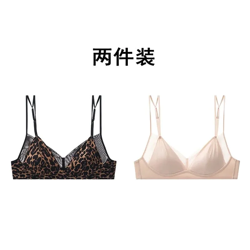 Modish Leopard Intimate Set Non-wire Thin Triangle Bra Breathable Summer Nude Fabric Small Chest Firm Gathering Womens Indoor