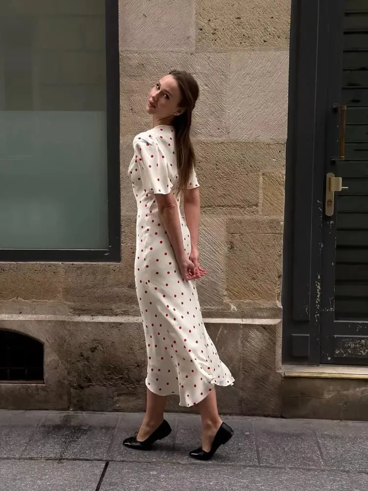 Women's White Red Polka Dot Mixi Dress Elegant Round Neck Flutter Short Sleevewaist Cinching Dresses Women Summer Daily Outfit