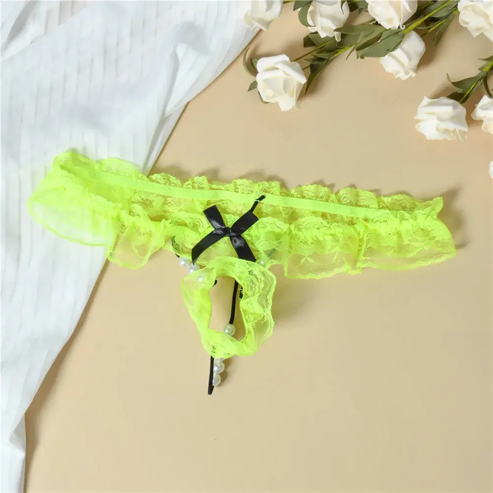 Men Lace T-Back Underwear Bow Elastic Waist G-String Pearl Lingeries For Man Sissy Panties Sexy Accessories Thongs Men's Panties