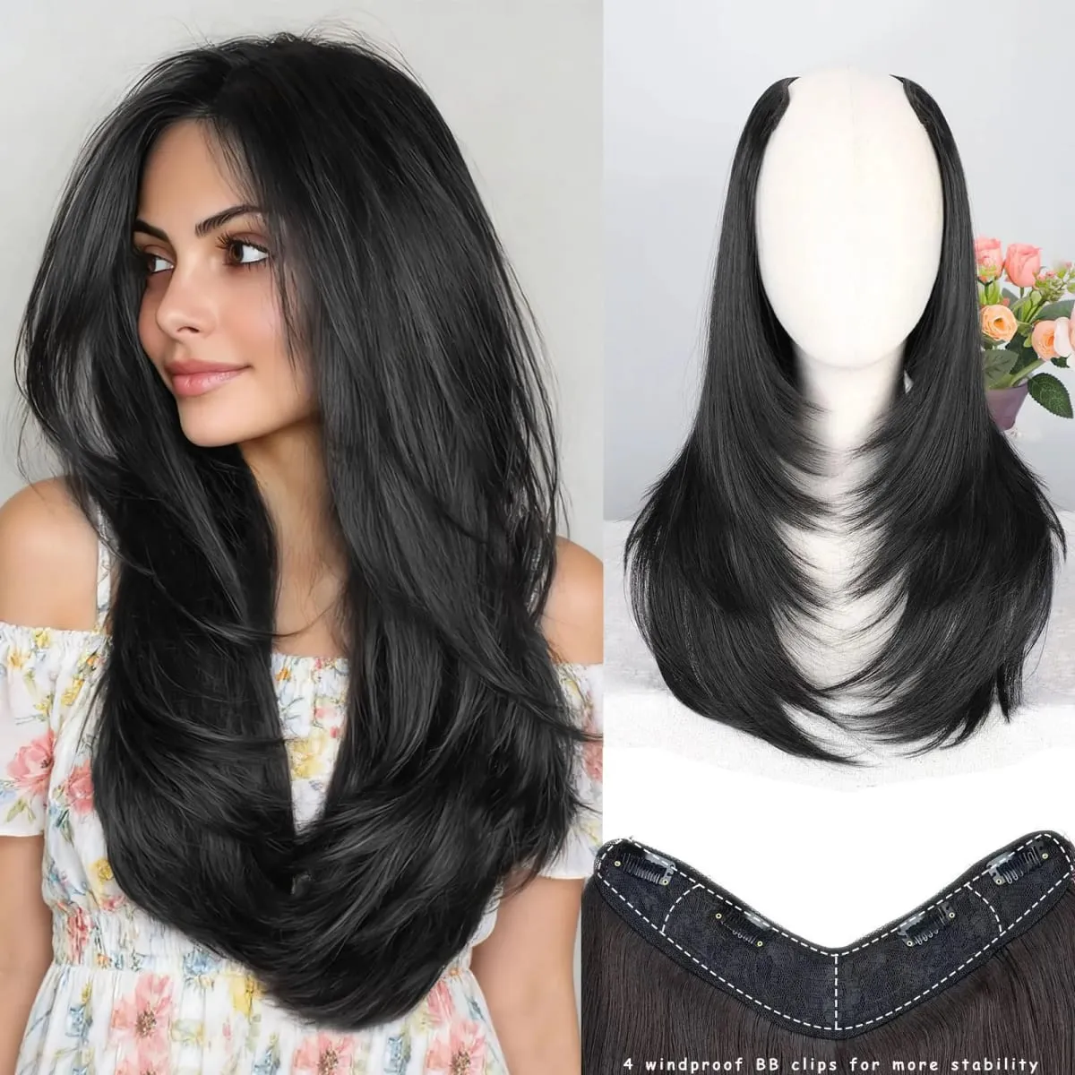 Black Clip in Hair Extensions for Women Long Straight Layered Synthetic Hair with 5 Clip One-Piece Design Soft & Face Framing 2