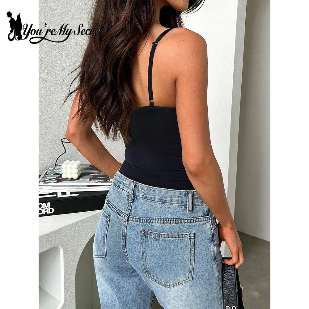 [You're My Secret] Brown Spaghetti Strap Bodysuit for Women Black Sleeveless Vest Top Y2K Gothic Bodysuit Fashion Streetwear