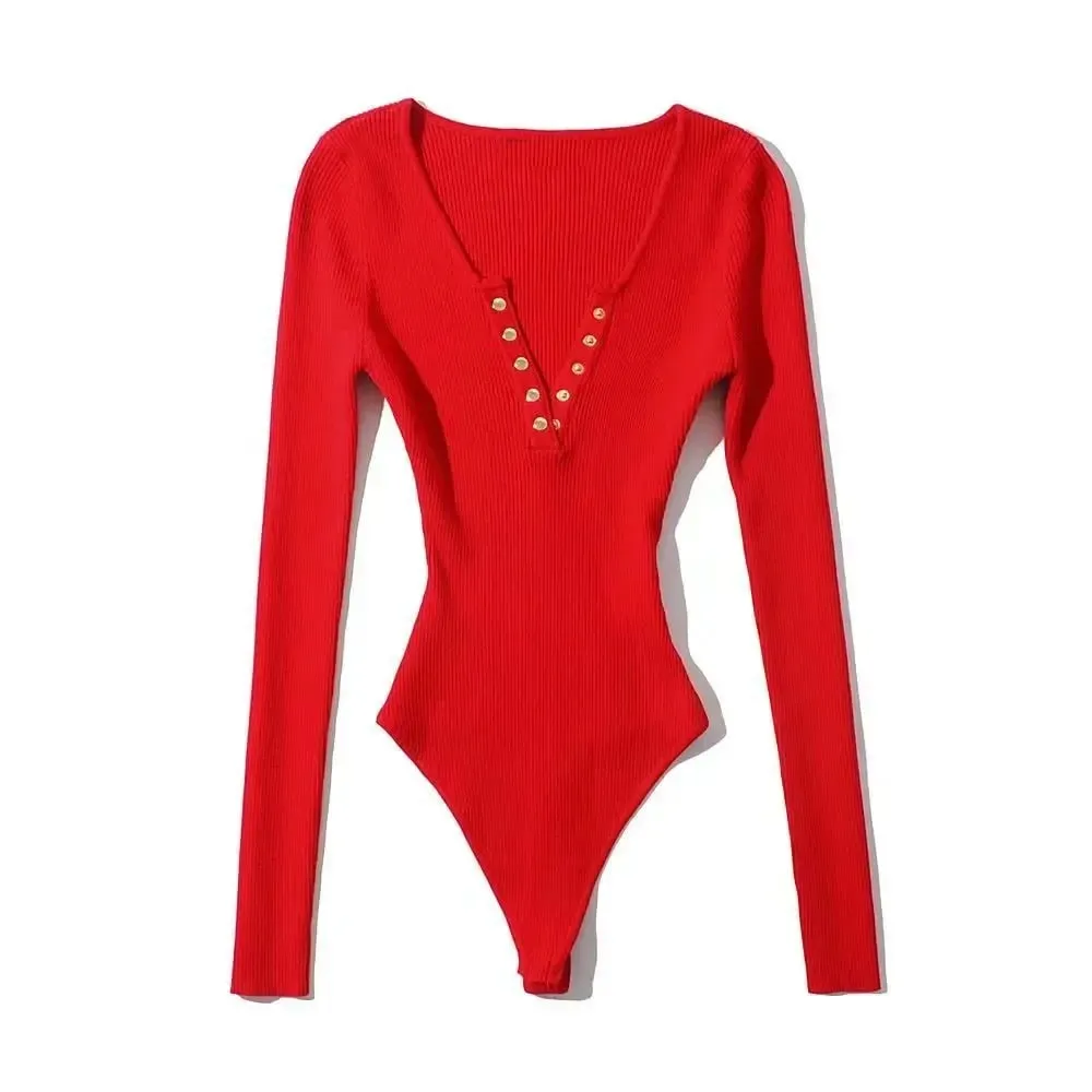 Long Sleeve Gold Button Detail Slim Fit V-Neck Bodysuit Sexy Elegant Wear Spring Autumn Women's Trendy Ribbed Knit Bodysui — image 5