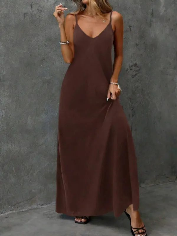 2026 Casual and Elegant Solid Color Suspender V-Neck Sleeveless Loose and Comfortable Backless Dress Long Skirt
