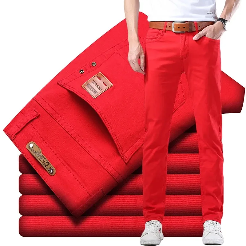 Spring New Men's Red Elastic Jeans Korean Slim Straight Leg Wash Denim Pants Comfortable Soft Casual Trendy High End Trousers — image 1