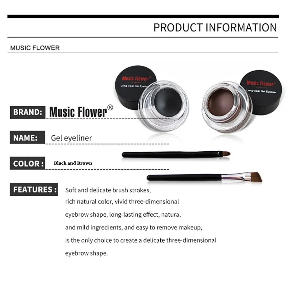 Music Flower 2-in-1 Two-Color Eyeliner Gel Set Black & Coffee Waterproof 3D Long-Lasting Smudge-Proof Eye Makeup Cosmetic Kit — image 4