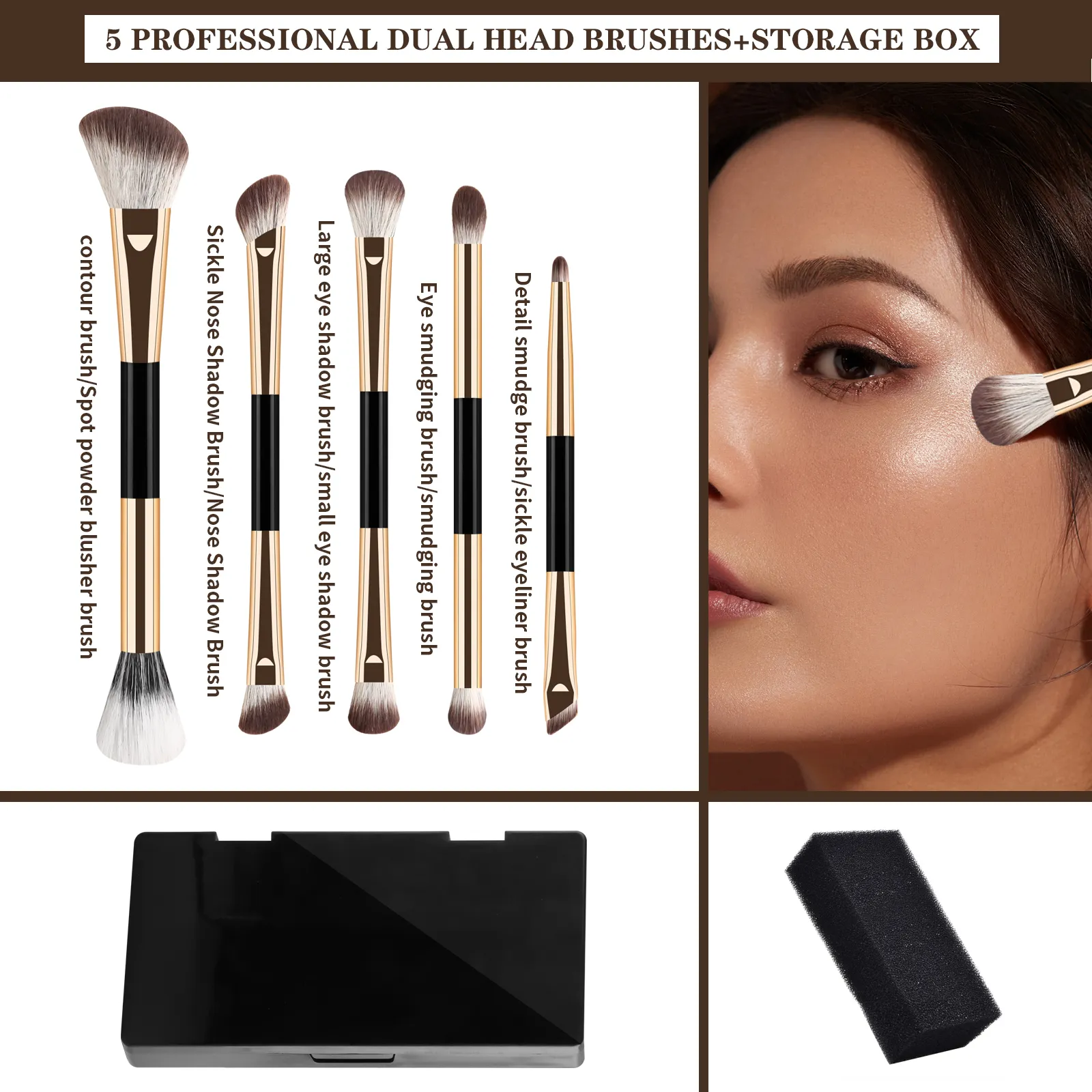 5Pcs Dual Ended Face Eye Brush Kit With Storage Box Blush Detail Eyeliner Brushes For Travel Touch Up