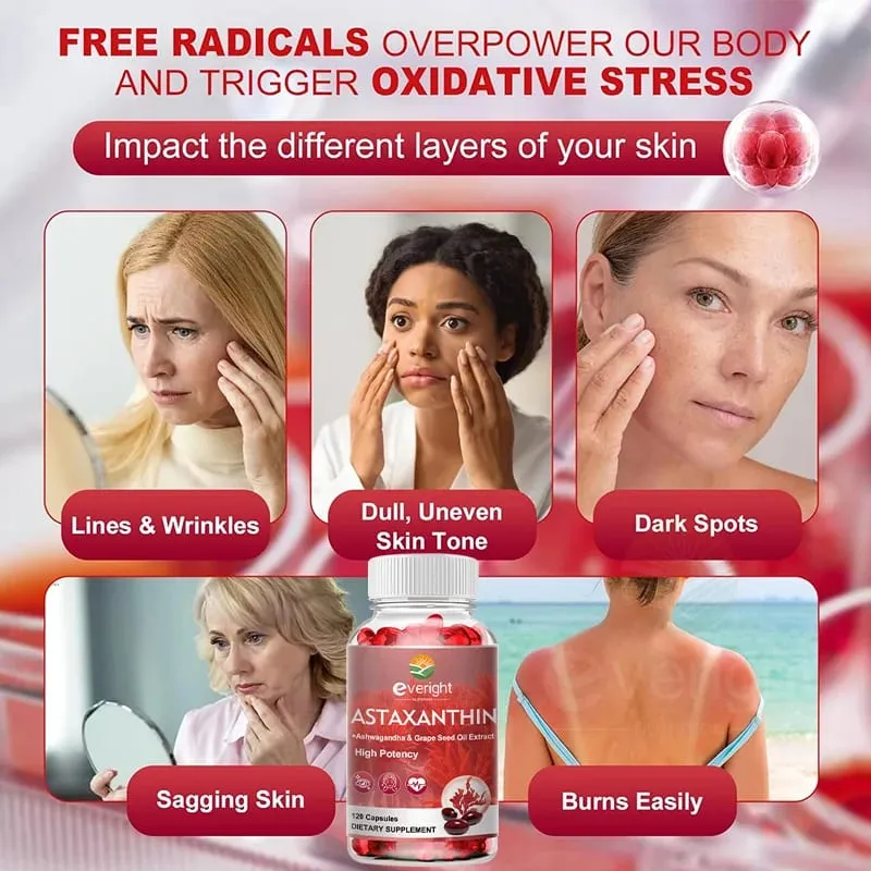 Astaxanthin Supplements 24mg Fresh Microalgae Source Grape Seed Oil Ashwagandha - Antioxidants for Healthy Skin Eyes Aging