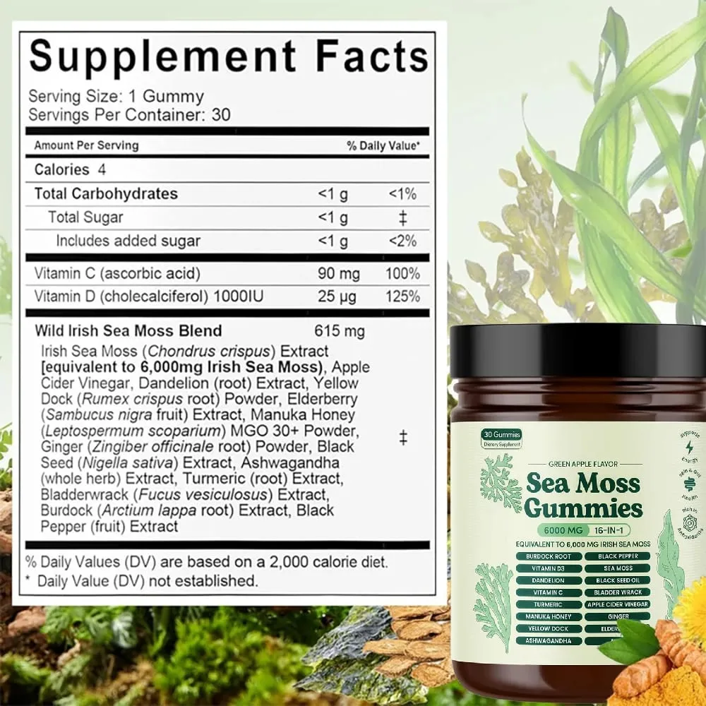 Sea Moss Gummies 16-in-1 Ashwagandha Black Seed Oil Bladder Wrack Turmeric Vitamin C D3 with Manuka Burdock Root Dandelion Apple — image 5