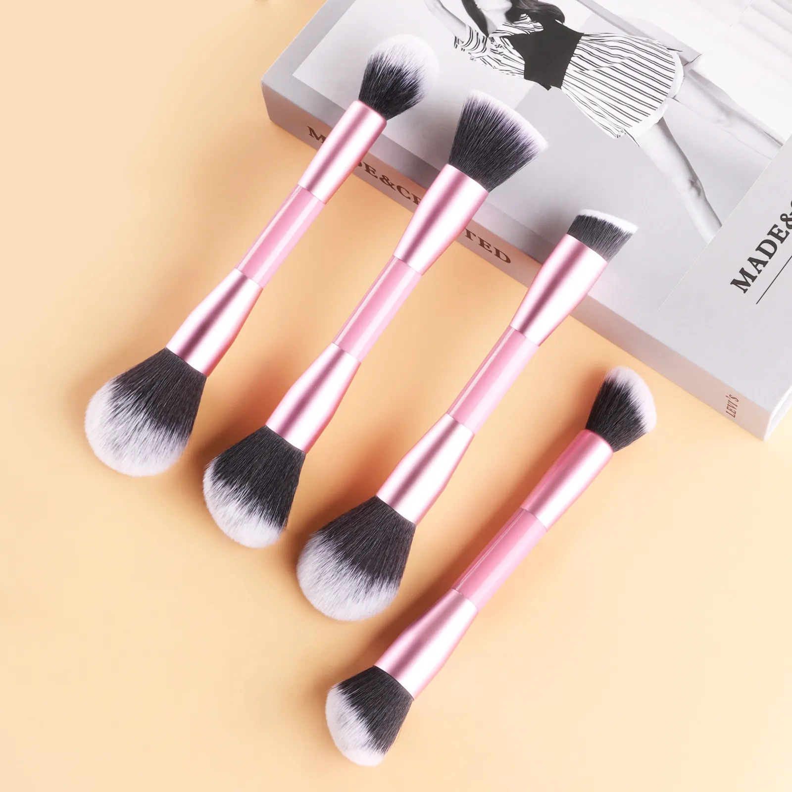 4Pcs Pink Double-Ended Makeup Brushes Set Easy Grip Plastic Handle Eyeshadow & Loose Powder Brushes