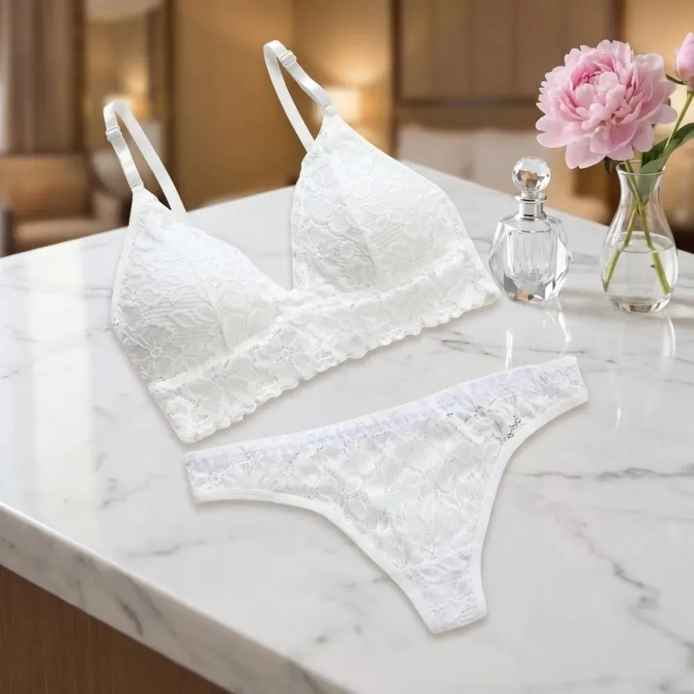 V Neck Lace Flower Bra Set Thong Solid Color Floral Panties Bra Kit Transparent Lingerie Lace Underwear Valentine's Day Gift