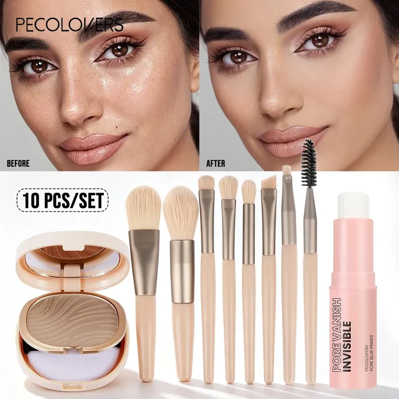 10pcs All‑In‑One Base Makeup Kit Pore Minimizing Primer Stick Matte Setting Powder And 8Pcs Professional Makeup Brushes Set
