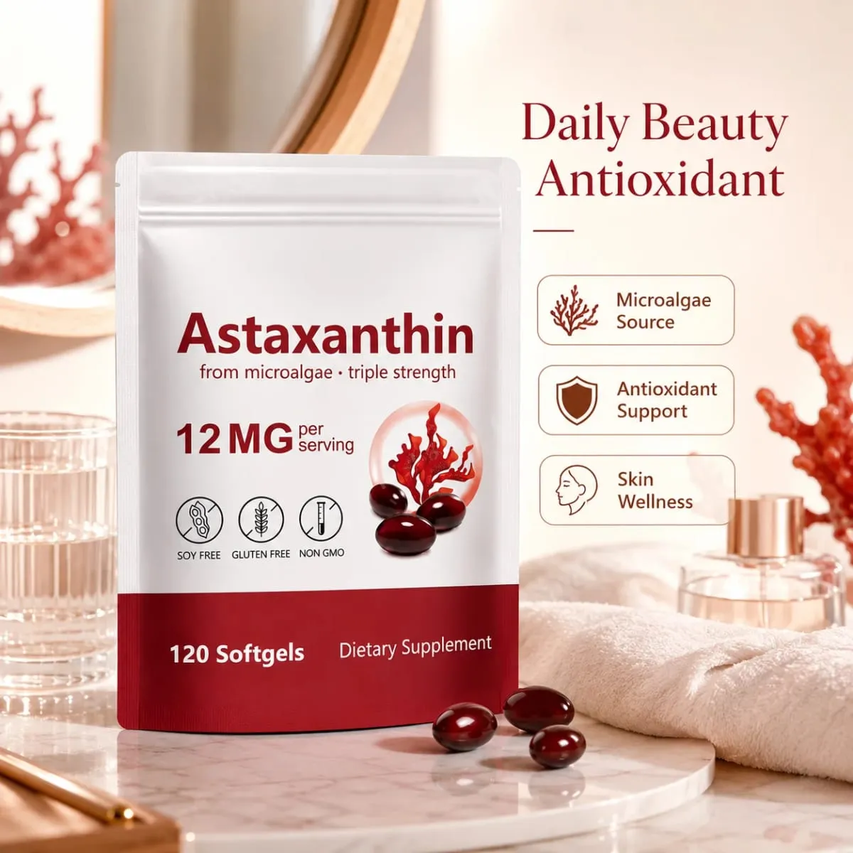 Astaxanthin Softgels Triple Strength From Microalgae Supports Healthy Aging Promotes Collagen Supports Skin Barrier 120 Softgels — image 1