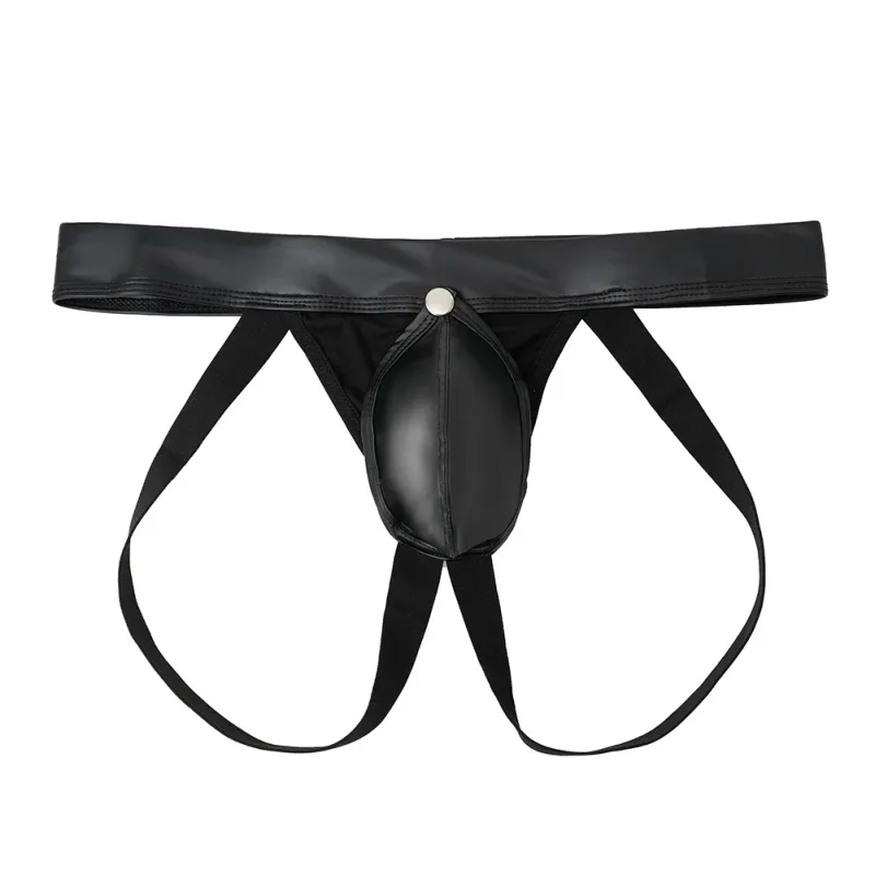 Men Faux Leather Gstring Thongs Underwear with Detachable Pouch Open Butt Low Waist Underpants for Comfortable Wear