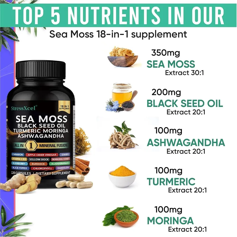 Sea Moss Supplement - Supports Thyroid Health Antioxidant Anti-aging Improve Immunity Detox Beauty Health