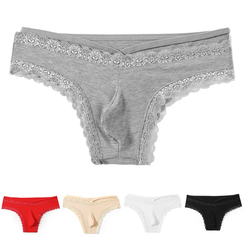 Hommes dentelle Rrim Sissy Gay slips sans couture sous-vêtements taille moyenne poche bombée Lingerie solide hommes dentelle bord Lingerie