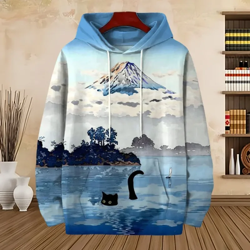Fuji Mountain Lake Scenery Black Cat Graphic Hoodie Men Pullover Hooded Sweatshirt — image 2