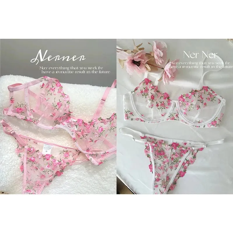 Korean Hot Lace Bra Set Floral Embroidery Transparent Mesh Ultra Thin Big Bust Modest Summer Ladies Daily Wear Underwear 32-38
