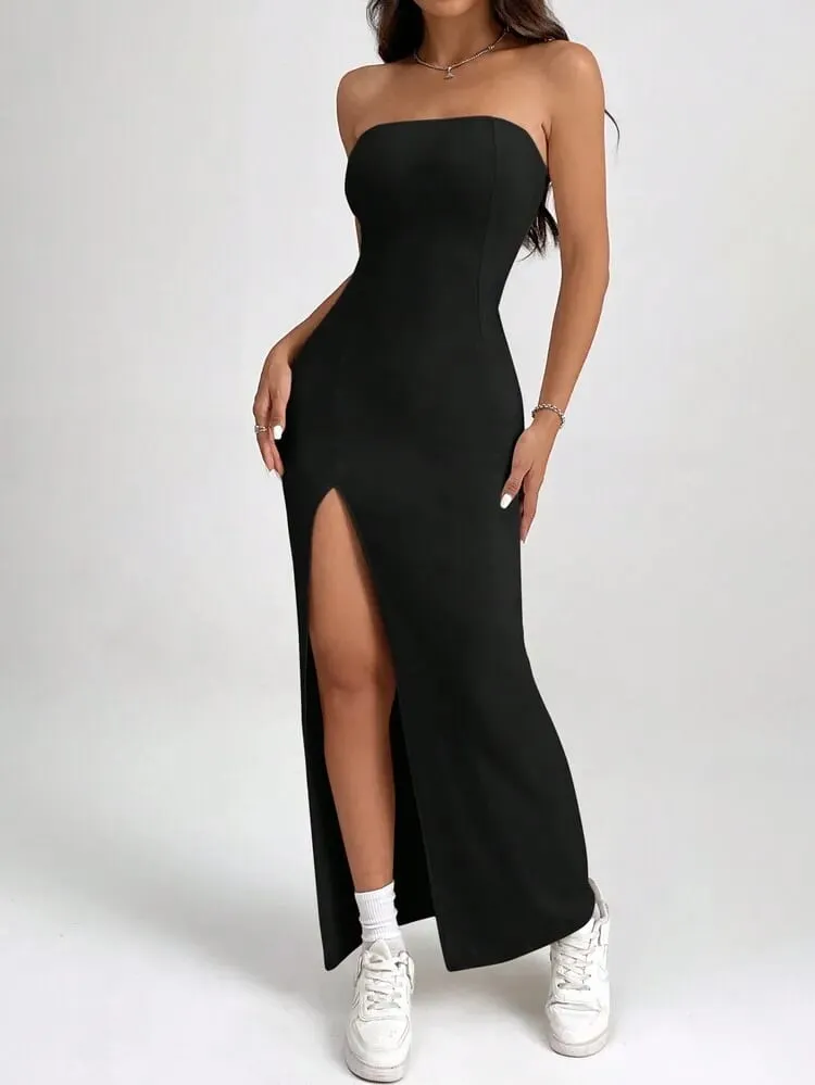 Women Strapless Tube Top Midi Bodycon Dress High Side Slit Solid Black Sleeveless Slim Fit Evening Party Long Dress