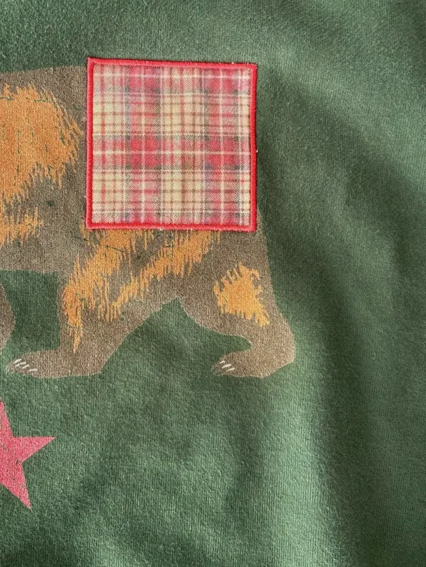 Vintage Bear Print Hoodie Men Retro Green Plaid Patch Pullover Hooded Sweatshirt Casual Streetwear Long Sleeve Women Hoodies Top