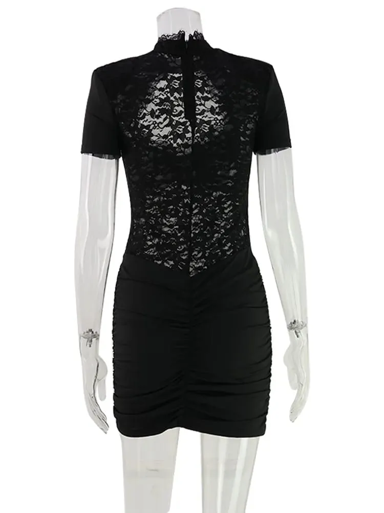 Krajka Patchwork Hollow Out Dámské Šaty Krátký rukáv Bočnice Pochva Trendy Hot Girl Sexy Club Outfity Dámské Bodycon