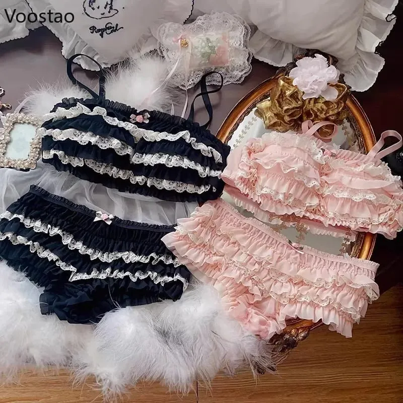 Japonês doce lolita estilo sutiã calcinha lingerie conjunto feminino sexy floral rendas babados briefs kawaii roupa interior calcinha conjuntos