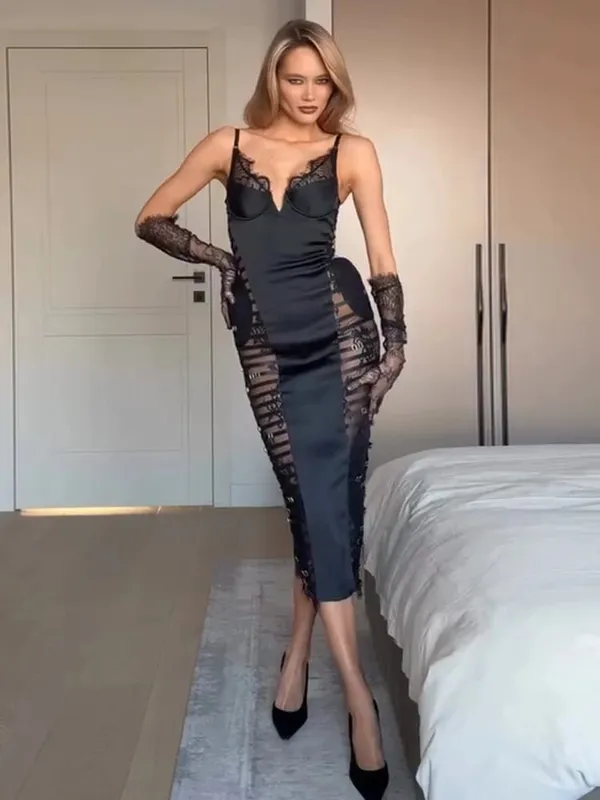 Sexy Satin Lace Patchwork Dress Women Chic Sleeveless See Through Short Sling Dresses 2026 Lady Fashion Party Club Outfits New