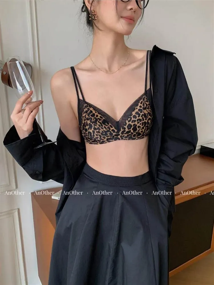 Popular Leopard Pattern Bralette Set Wire Free Soft Padded Small Breast Lift French Minimalist Women Everyday Lingerie 32A-38BC