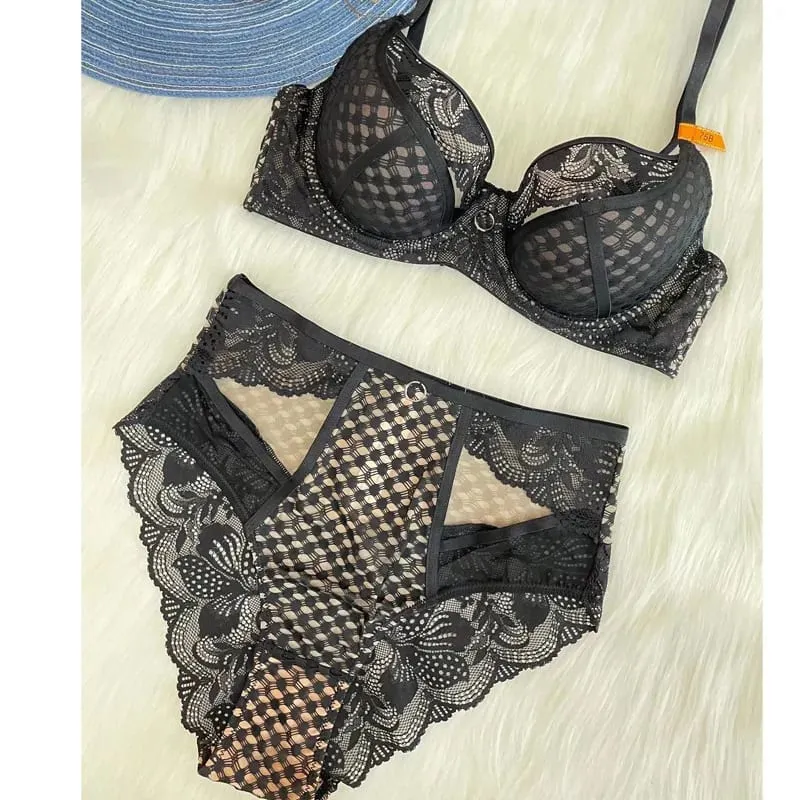 high quality lace bras and brief two piece set for women push up B C D cup hollow out wire summer lingerie underwear black white — image 8