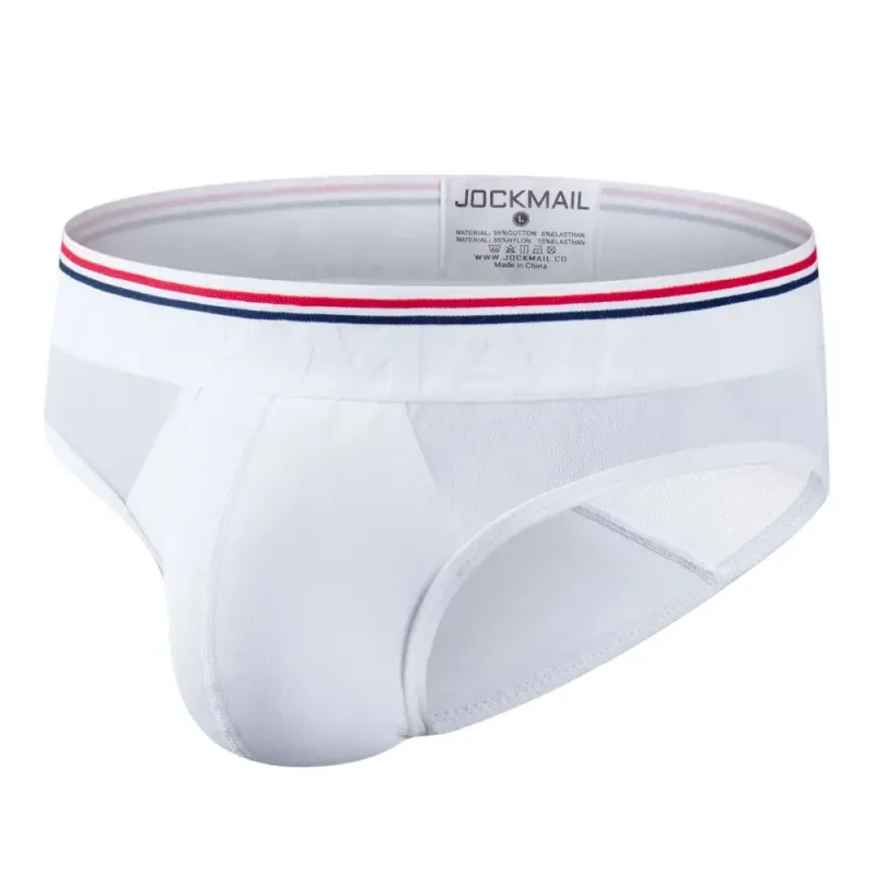 Jockmail 섹시한 남성 속옷 브리프 코튼 로우 라이즈 언더 팬츠 네트 원사 레이스, 통기성 여름 반바지 calzoncillos hombre slip