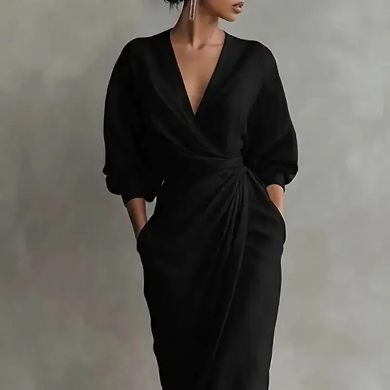 Women's Sexy V Neck Wrap Waist Dresses 2026 Spring Casual Solid Slim Bodycon Hips Elegant Long Sleeve Slit Maxi Dress